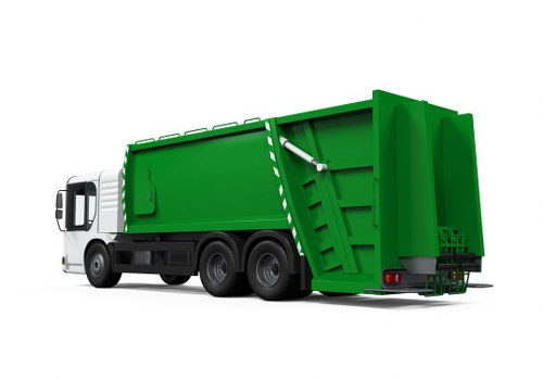 A large commercial refuse collection truck, primarily painted green, is shown from a side and rear angle. The vehicle features a substantial, rectangular waste container with a textured, metallic finish, and a hydraulic lifting mechanism attached to the side for loading bins. The front cab is white, with visible side mirrors and a streamlined design, situated on a paved surface with a plain white background. The container is divided into sections, with the tailgate at the back, secured by latches, and the rear section slightly inclined to facilitate waste tipping. The truck’s wheels are black with durable tires, and the overall scene suggests outdoor waste collection activity typical of commercial rubbish removal operations in Wandsworth or nearby London boroughs. The image’s clarity and urban context reflect the professional equipment used by services like Commercial Waste Wandsworth, offering reliable local rubbish removal solutions.
